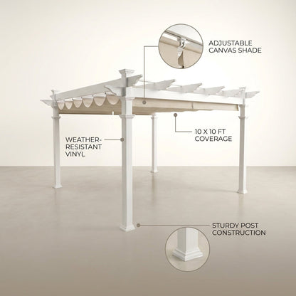 Vinyl Canopy Pergola Built for Weather Resistance, 10x10 Foot Coverage, Adjustable Canvas Shade, White — infographic