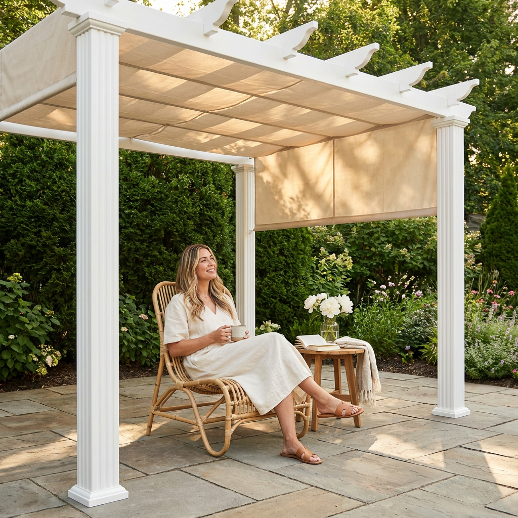 Vinyl Canopy Pergola Built for Weather Resistance, 10x10 Foot Coverage, Adjustable Canvas Shade, White — Lifestyle