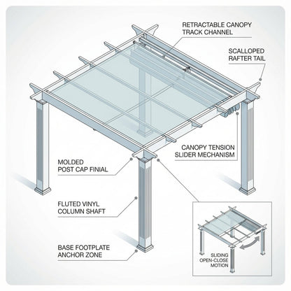 Vinyl Canopy Pergola Built for Weather Resistance, 10x10 Foot Coverage, Adjustable Canvas Shade, White — How It Works