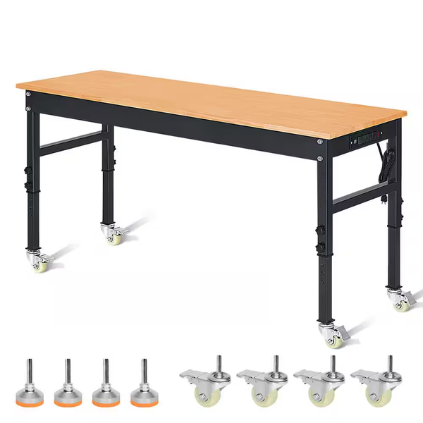 70 In. W X 21 In. D Heavy-Duty Work Bench Adjustable Work Bench Work Table, Solid Wood Top with Power Outlets and Wheels