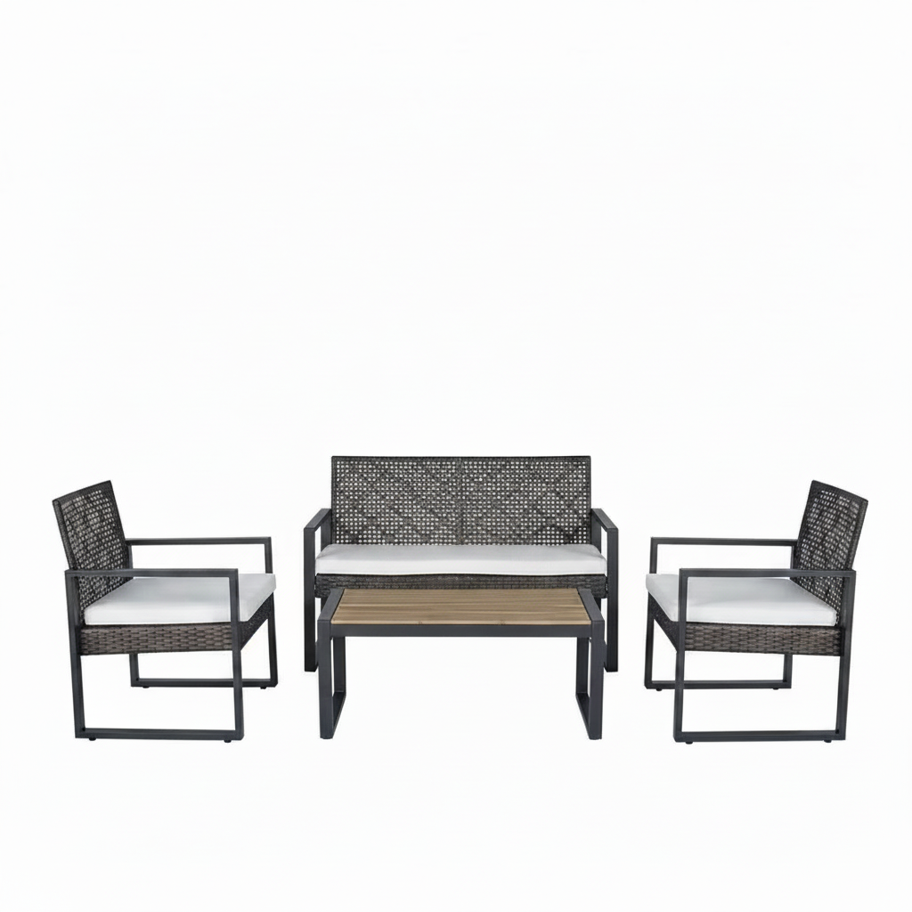 4-Piece Wicker Patio Conversation Set with Gray Cushions & Acacia Wood Table