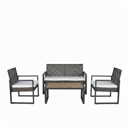 4-Piece Wicker Patio Conversation Set with Gray Cushions & Acacia Wood Table