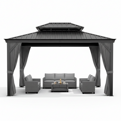 12' x 14' Aluminum Hardtop Gazebo with Curtains & Netting