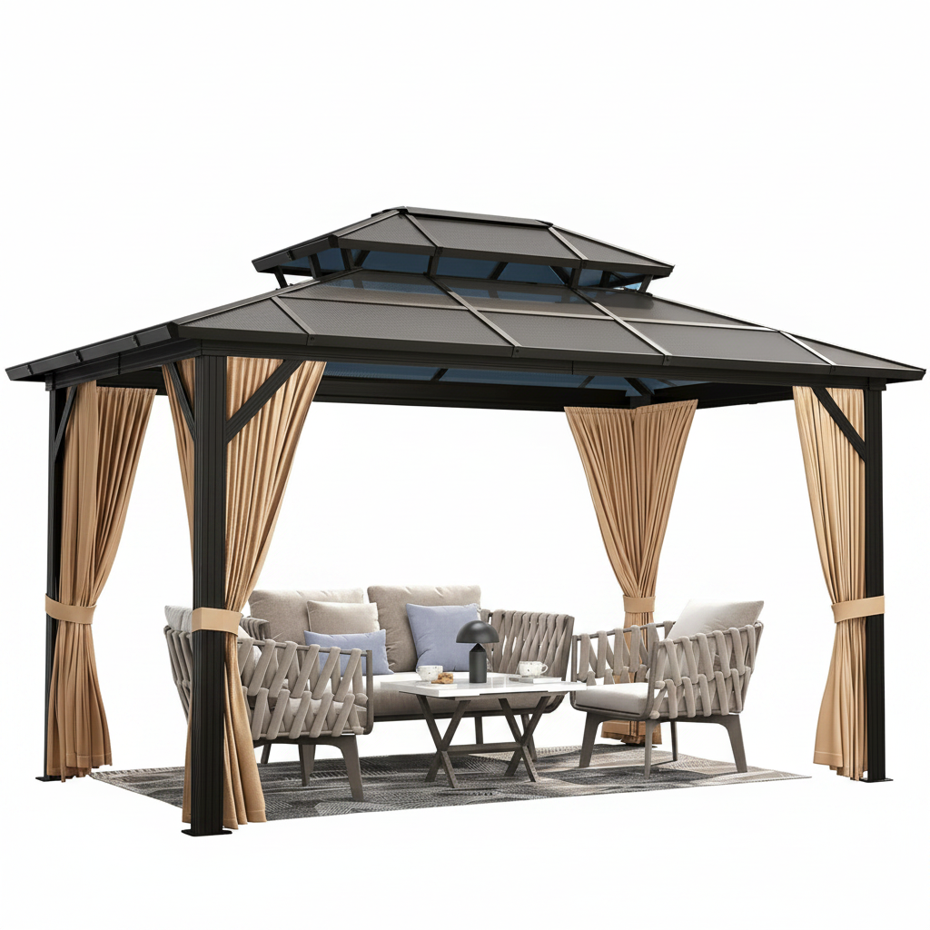 12' x 10' Aluminum Hardtop Gazebo with Polycarbonate Double Roof, Curtains & Netting