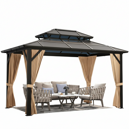 12' x 10' Aluminum Hardtop Gazebo with Polycarbonate Double Roof, Curtains & Netting