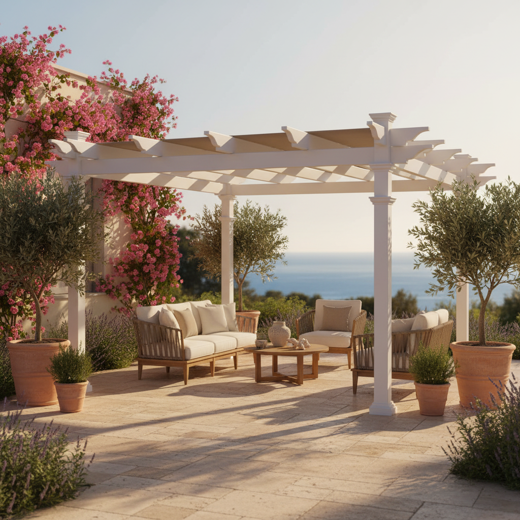 Malibu 10' x 10' White Vinyl Pergola with Adjustable Canvas Canopy