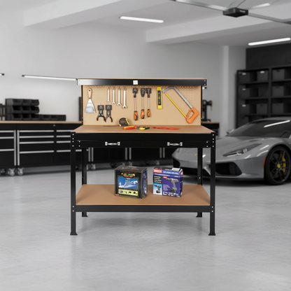115 cm Workbench with MDF Top, Pegboard, Hooks & Storage Drawer